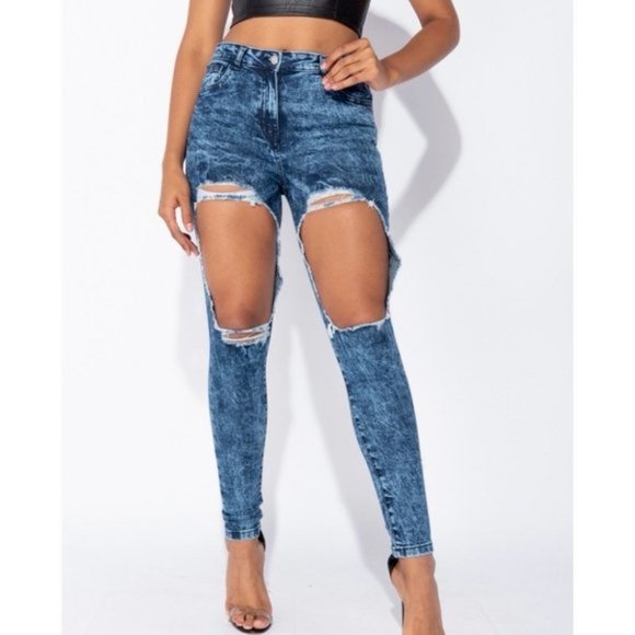 Blue Acid Wash High Waist Ripped Distressed Skinny Jeans Denim Pants - Picture 5 of 10